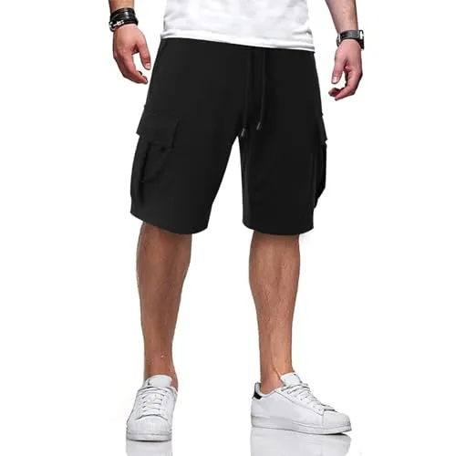 3rd hill Mens Casual Sweat Cargo Cotton Shorts Drawstring Elastic Waist Athletic Workout Gym Jogger Shorts with 5 Pockets Black