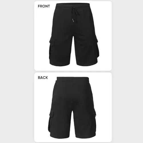 3rd hill Mens Casual Sweat Cargo Cotton Shorts Drawstring Elastic Waist Athletic Workout Gym Jogger Shorts with 5 Pockets Black