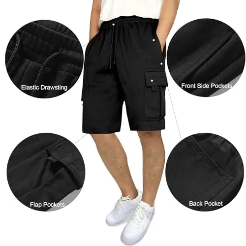 3rd hill Mens Casual Sweat Cargo Cotton Shorts Drawstring Elastic Waist Athletic Workout Gym Jogger Shorts with 5 Pockets Black