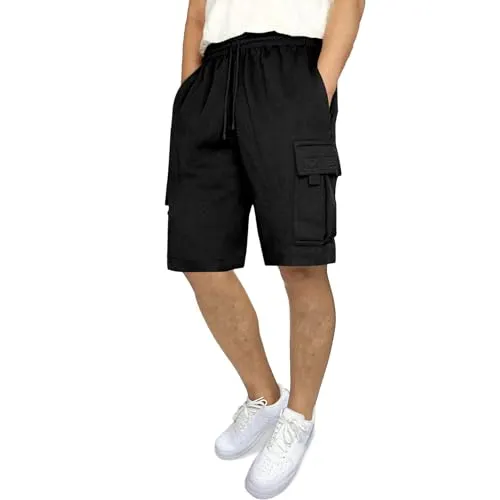 3rd hill Mens Casual Sweat Cargo Cotton Shorts Drawstring Elastic Waist Athletic Workout Gym Jogger Shorts with 5 Pockets Black