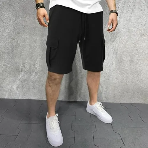 3rd hill Mens Casual Sweat Cargo Cotton Shorts Drawstring Elastic Waist Athletic Workout Gym Jogger Shorts with 5 Pockets Black