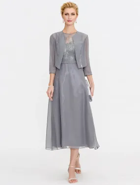 A-Line Mother of the Bride Dress Fall Wedding Guest Dresses Plus Size Elegant Illusion Neck Tea Length Chiffon Corded Lace Sleeveless Wrap Included with Lace Pleats