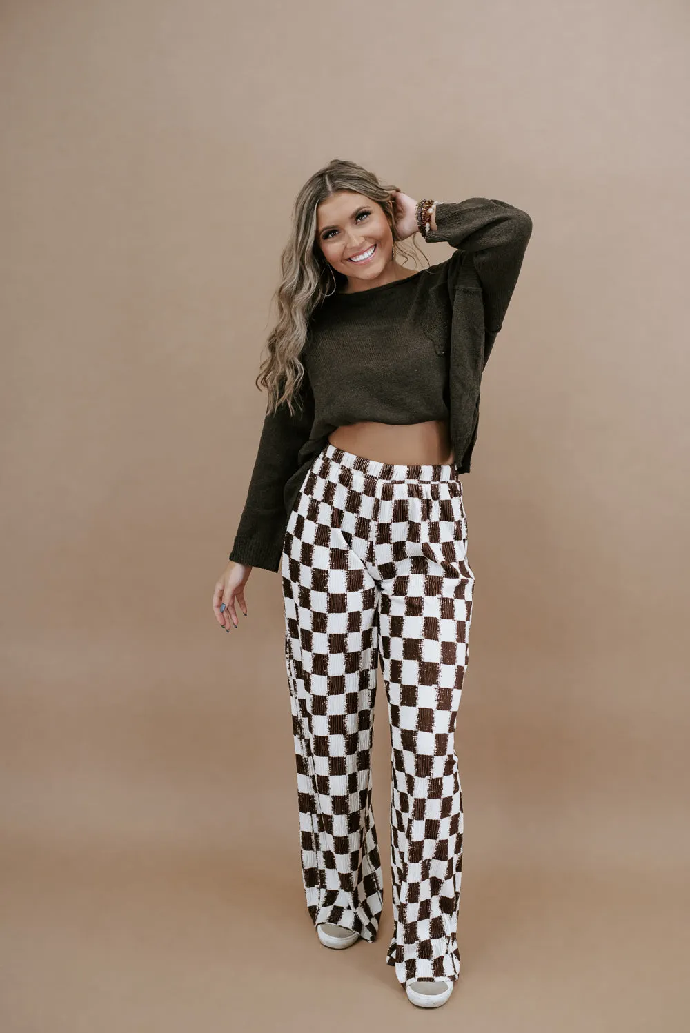 All Things Checkered Velvet  Pant , Brown