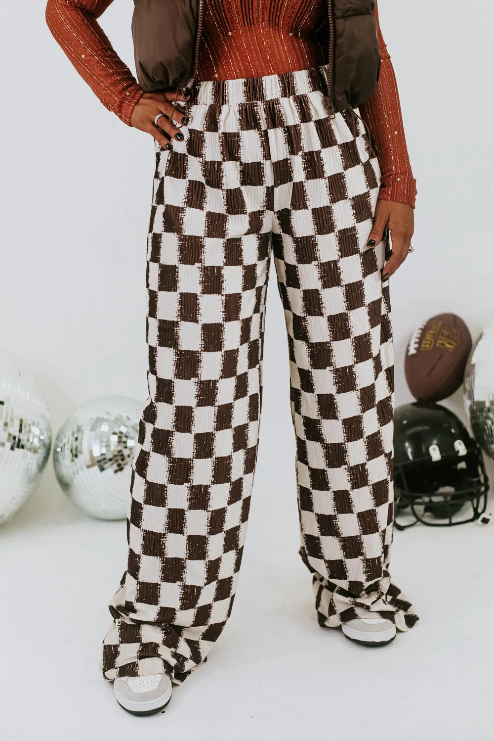 All Things Checkered Velvet  Pant , Brown