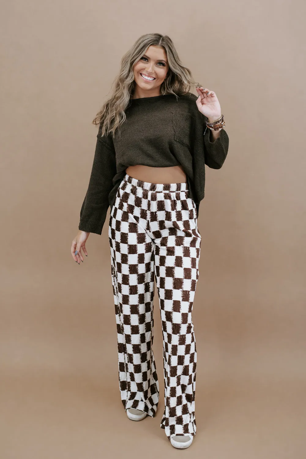 All Things Checkered Velvet  Pant , Brown