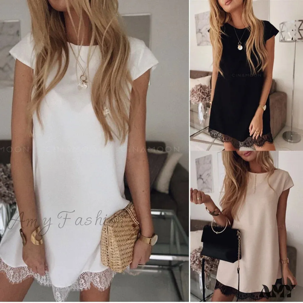 Amy Fashion - Short Sleeve Straight Splice Lace Mini Party Dresses