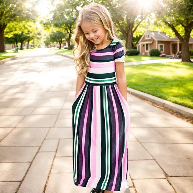 Baby Girl Striped Print Long Dress Toddler Girls Bohemian Flower Dress Kids Causal Clothes Polyester Soft Summer Beachwear Dress