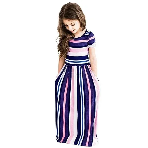 Baby Girl Striped Print Long Dress Toddler Girls Bohemian Flower Dress Kids Causal Clothes Polyester Soft Summer Beachwear Dress