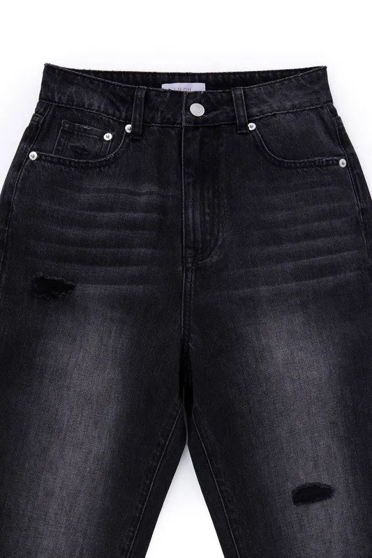 Black distressed straight jeans