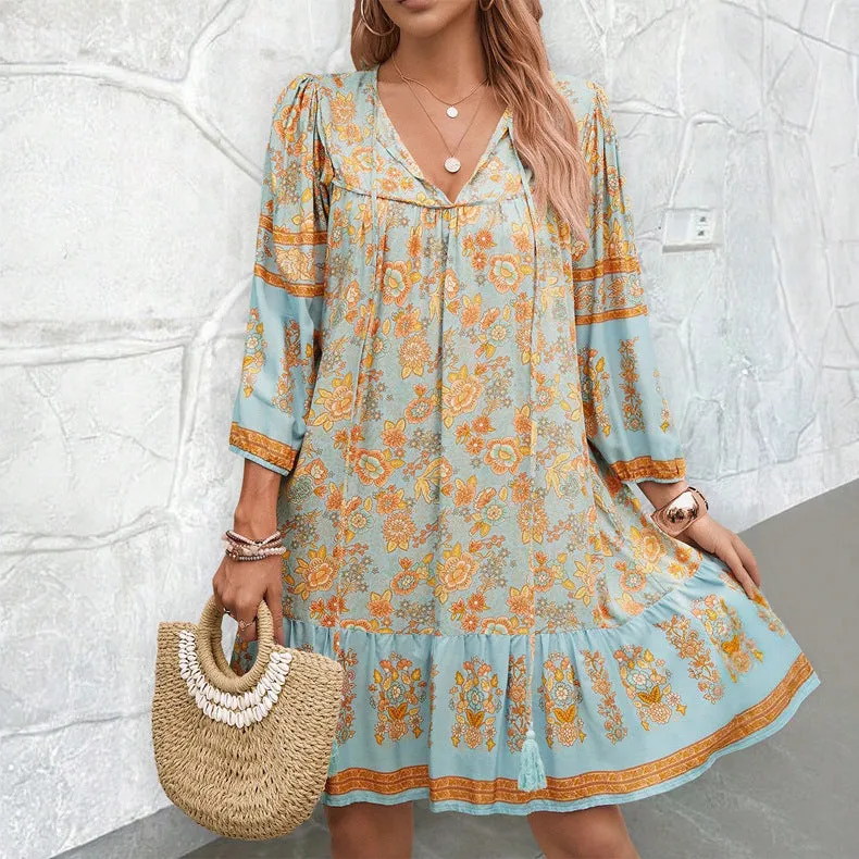 Bohemian Casual V-Neck Printed Dresses Wholesale Womens Clothing N3824062100006