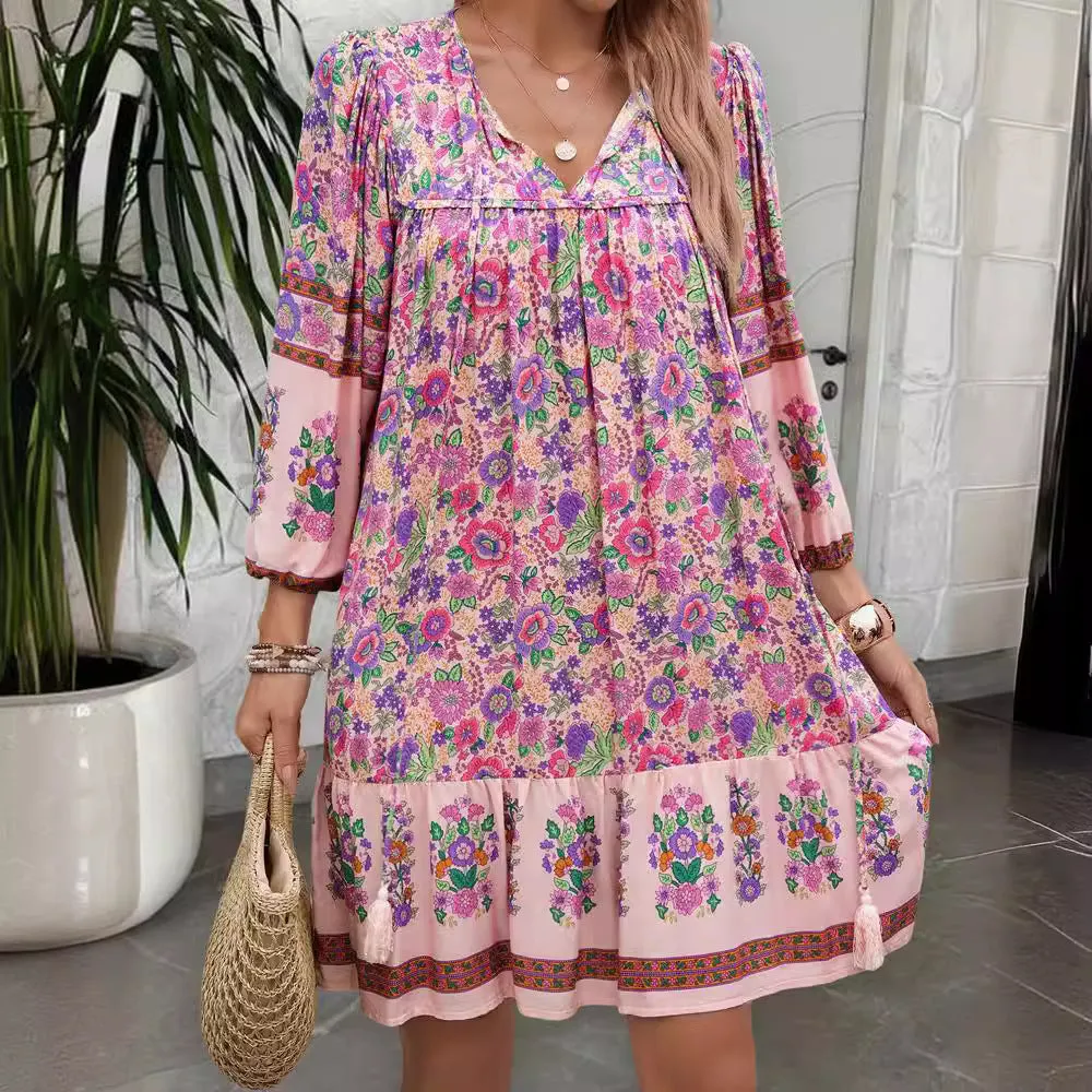 Bohemian Casual V-Neck Printed Dresses Wholesale Womens Clothing N3824062100006