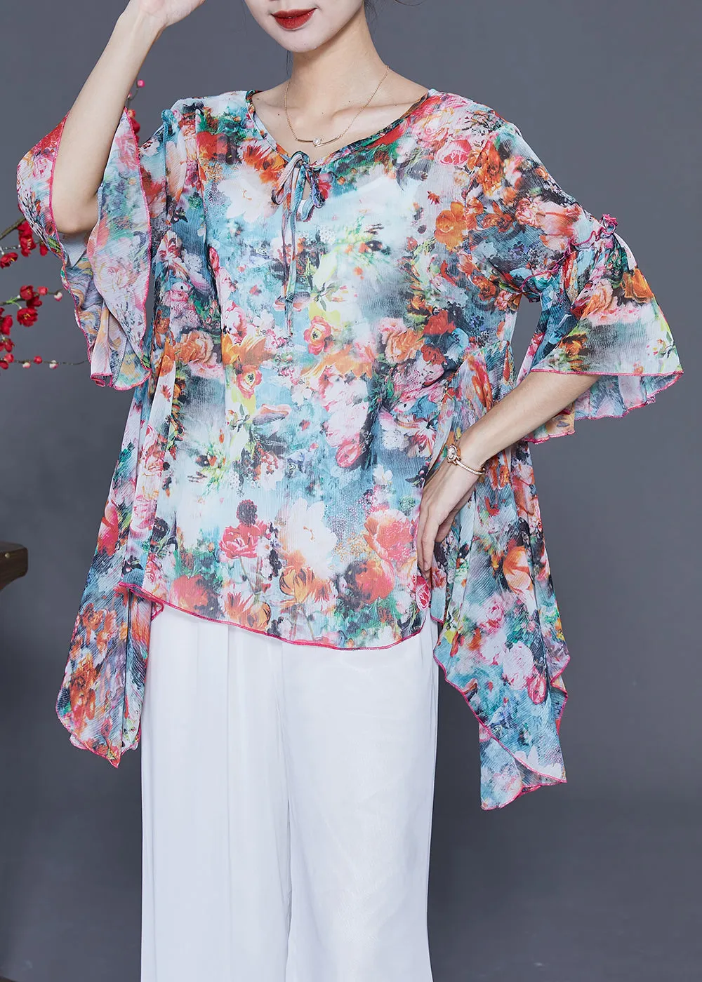 Boho Asymmetrical Design Floral Print Chiffon Shirts Flare Sleeve LY2414