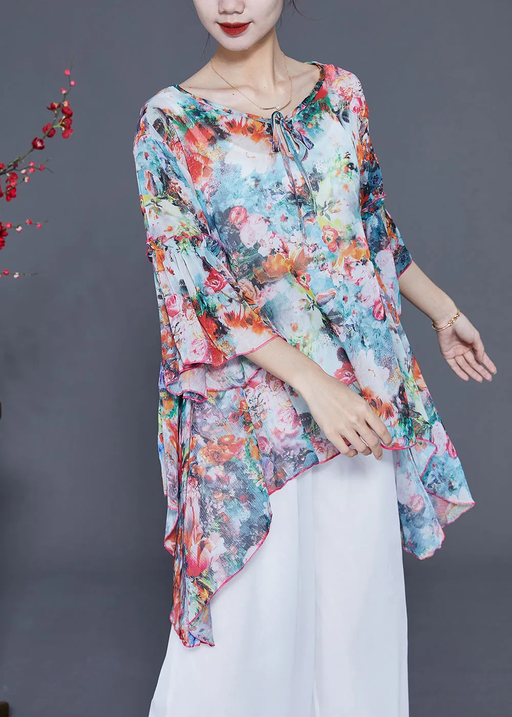 Boho Asymmetrical Design Floral Print Chiffon Shirts Flare Sleeve LY2414