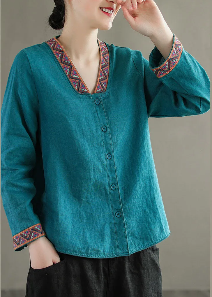 Boho Blue V Neck Embroideried Patchwork Linen Shirts Top Spring LY6263