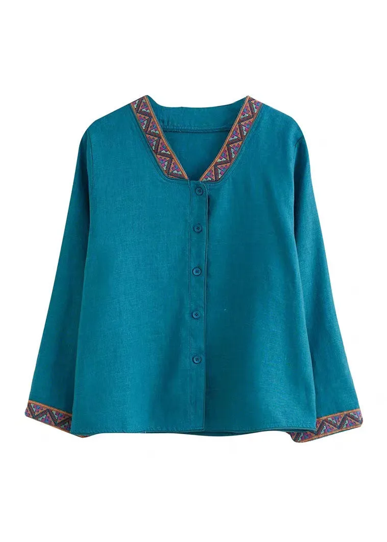 Boho Blue V Neck Embroideried Patchwork Linen Shirts Top Spring LY6263