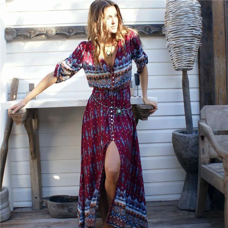 Boho Maxi long Dress sexy bohemian gypsy print style (US 10-16w)