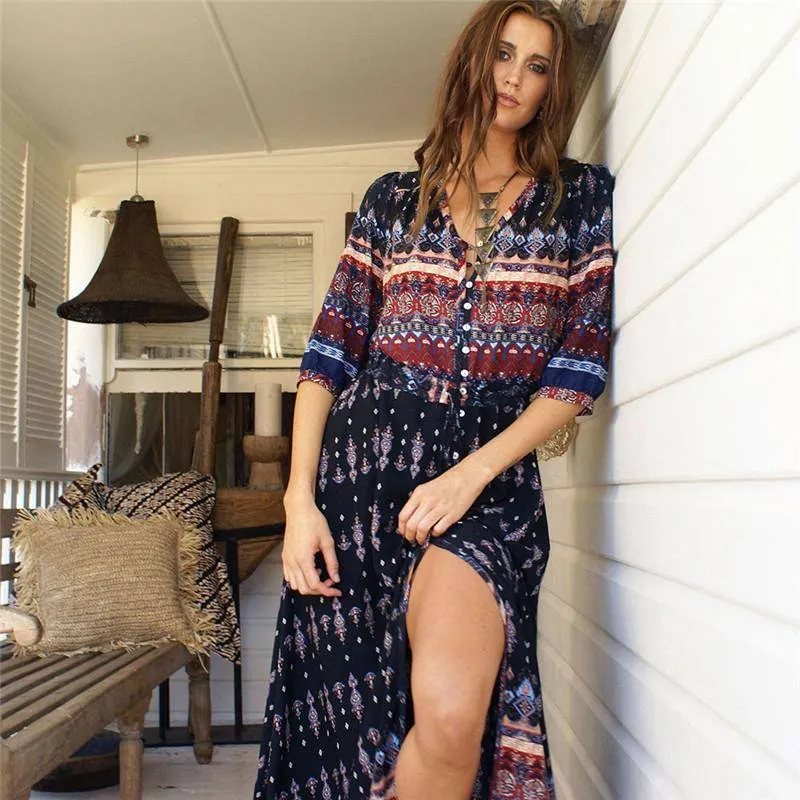 Boho Maxi long Dress sexy bohemian gypsy print style (US 10-16w)