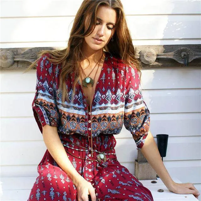 Boho Maxi long Dress sexy bohemian gypsy print style (US 10-16w)