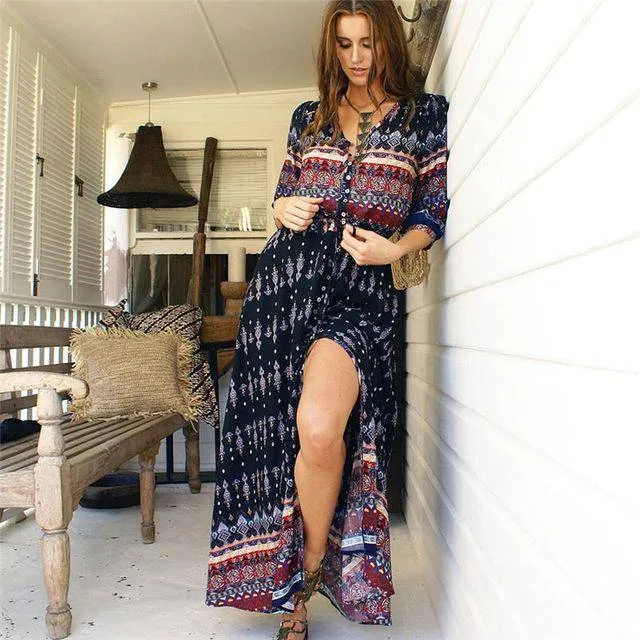 Boho Maxi long Dress sexy bohemian gypsy print style (US 10-16w)