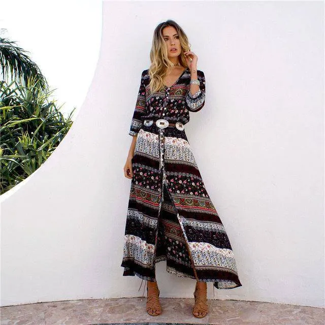 Boho Maxi long Dress sexy bohemian gypsy print style (US 10-16w)