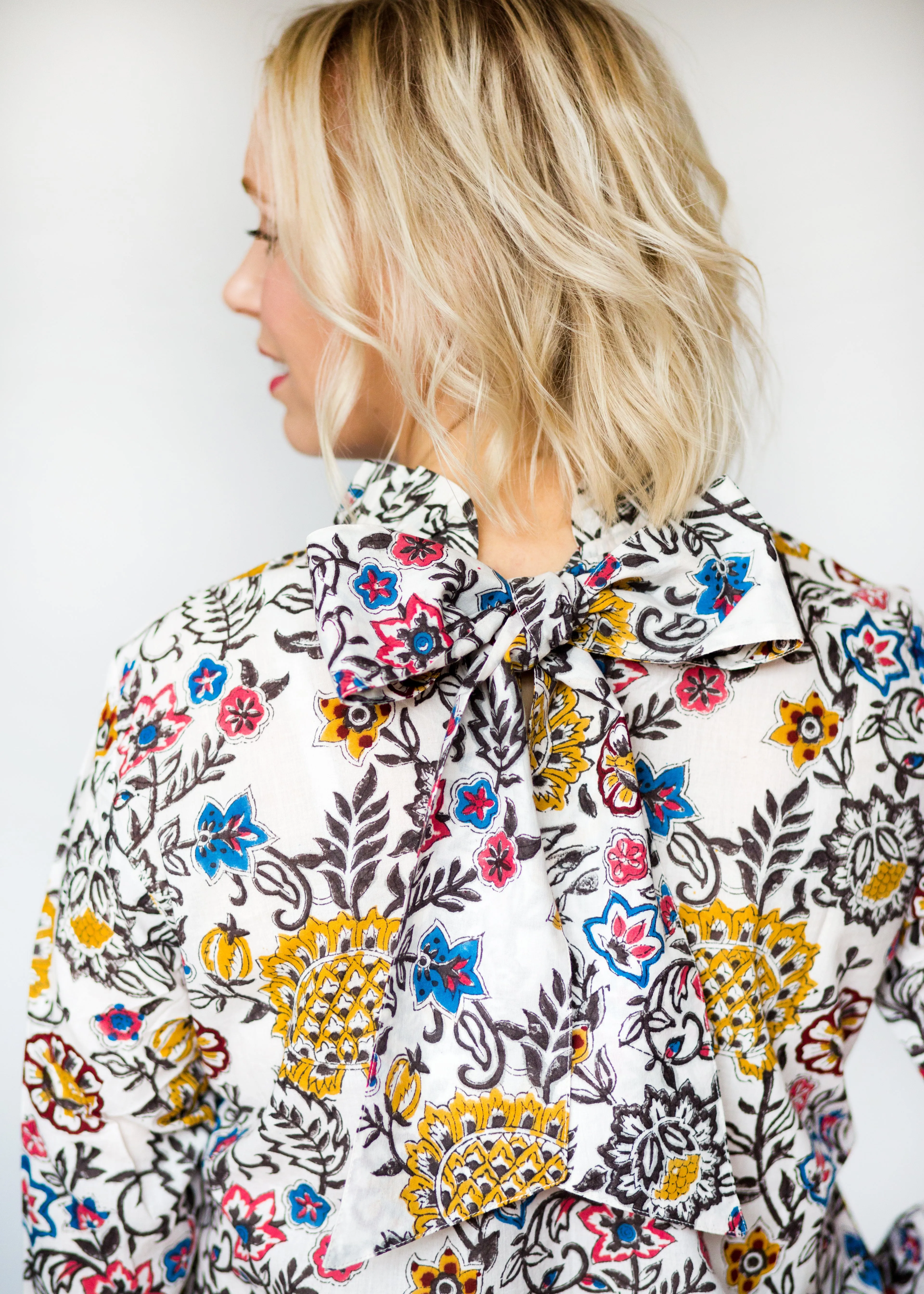 Bow Collar Blouse - Colourful block print