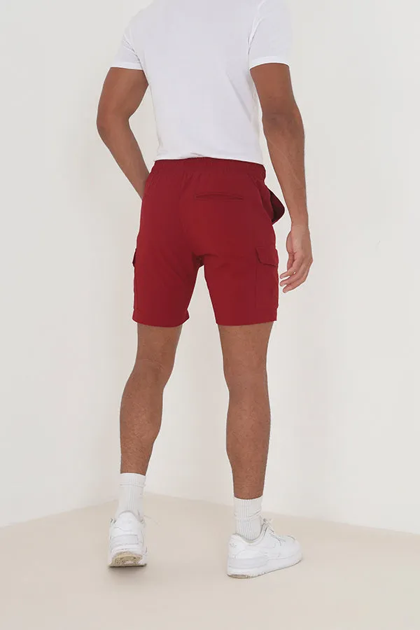 BURGUNDY POCKET DETAIL TASLAN CARGO STYLE SHORTS