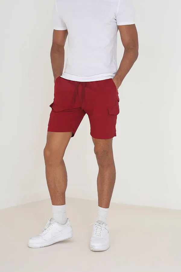 BURGUNDY POCKET DETAIL TASLAN CARGO STYLE SHORTS