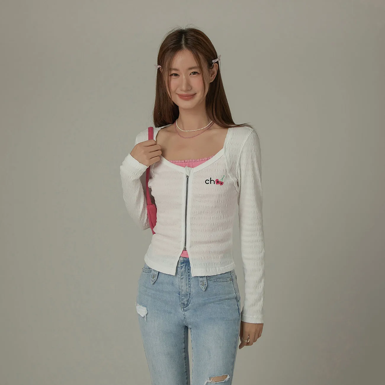 Cherry Embroidered Logo Zip-Up Top