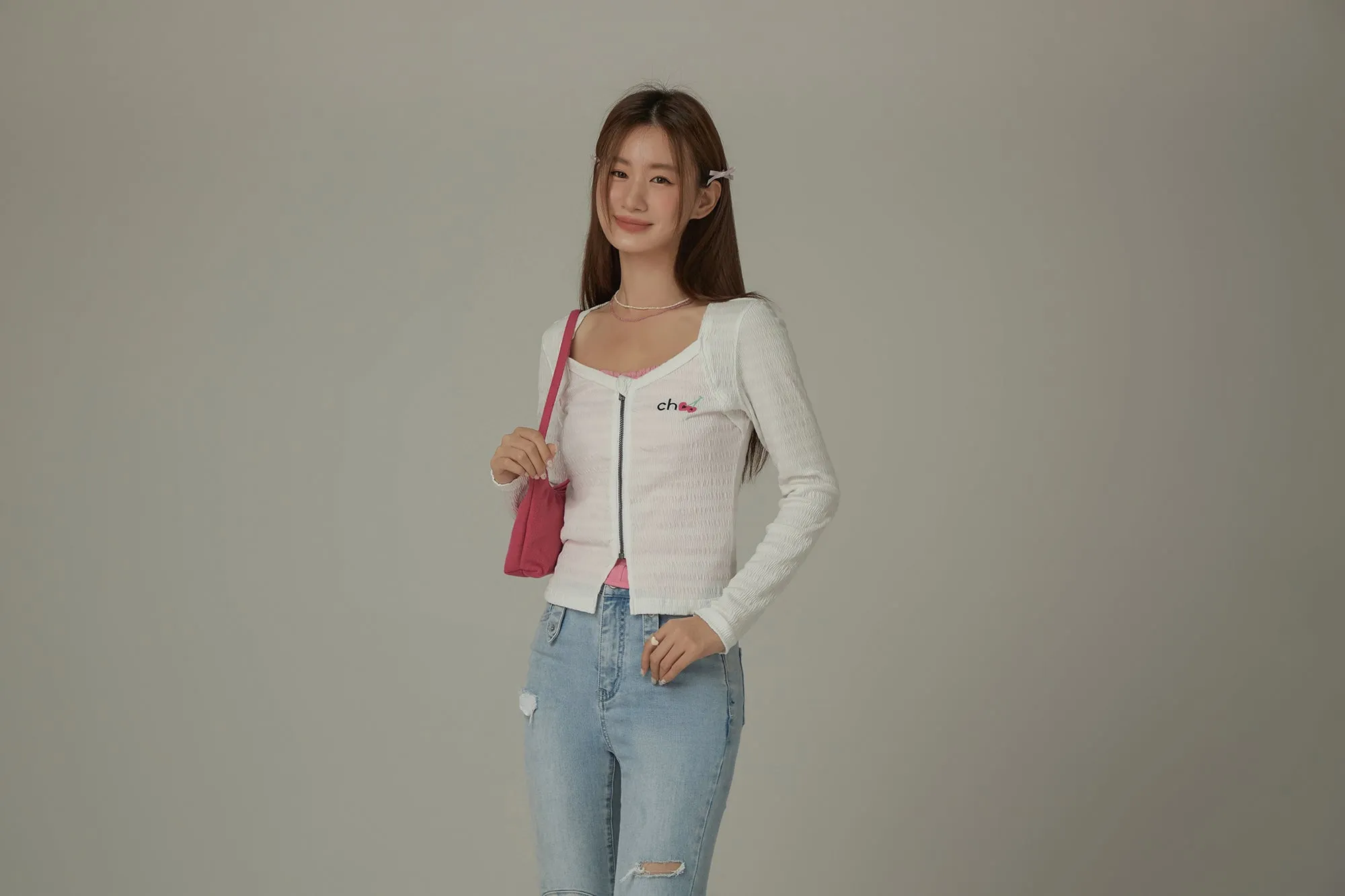 Cherry Embroidered Logo Zip-Up Top