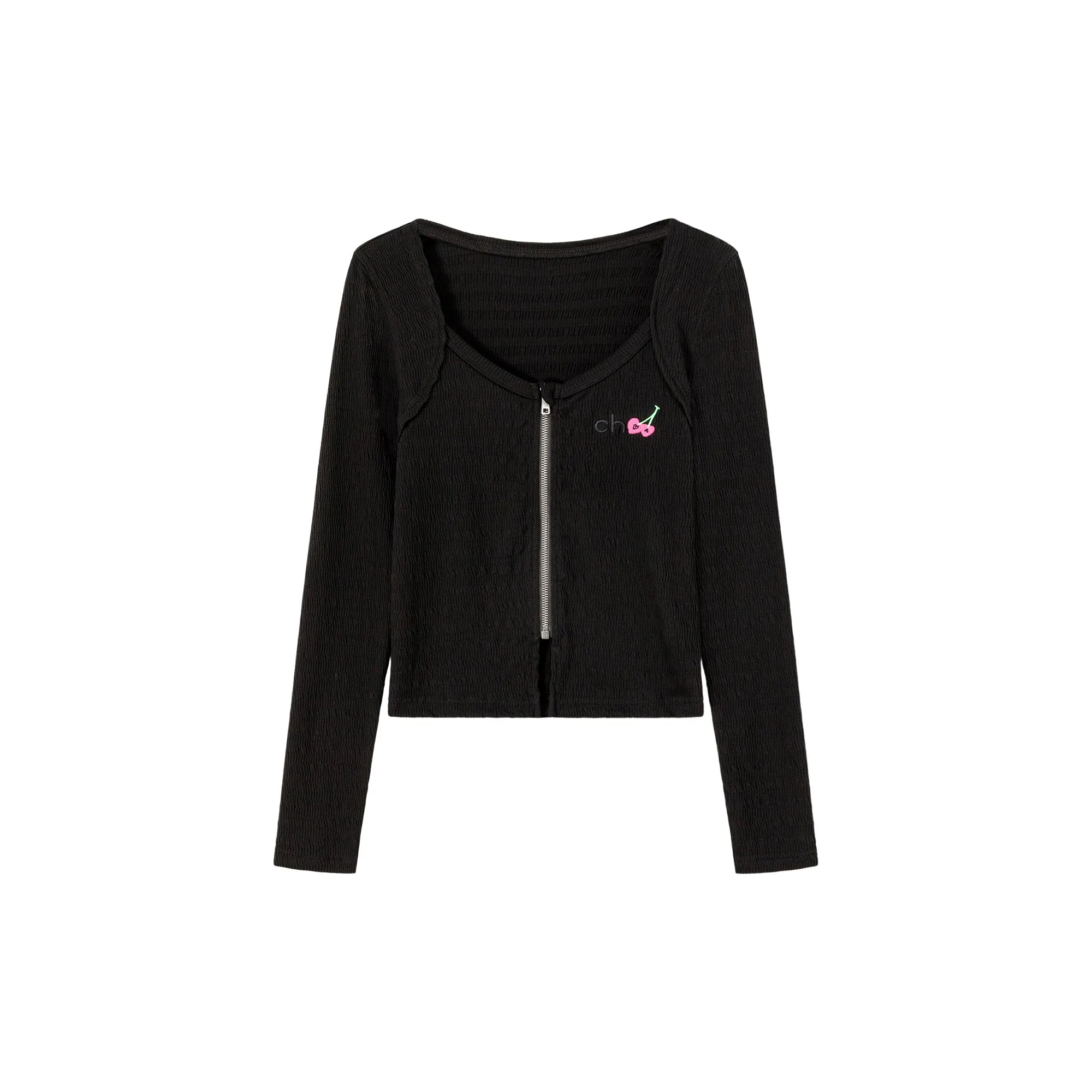 Cherry Embroidered Logo Zip-Up Top