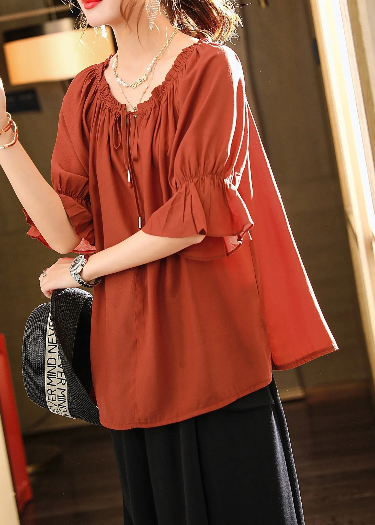 Chic Red O-Neck Neck TIie Side Open Shirts Short Sleeve LY1494