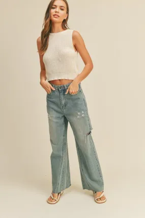 Cut Out Wide Leg Denim Pants