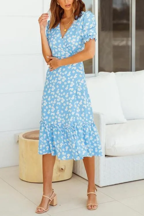 Daisy Print Ruffles Wrap Dress