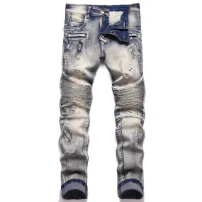 Distressed Paneled Crumpled Cotton Skinny Pants