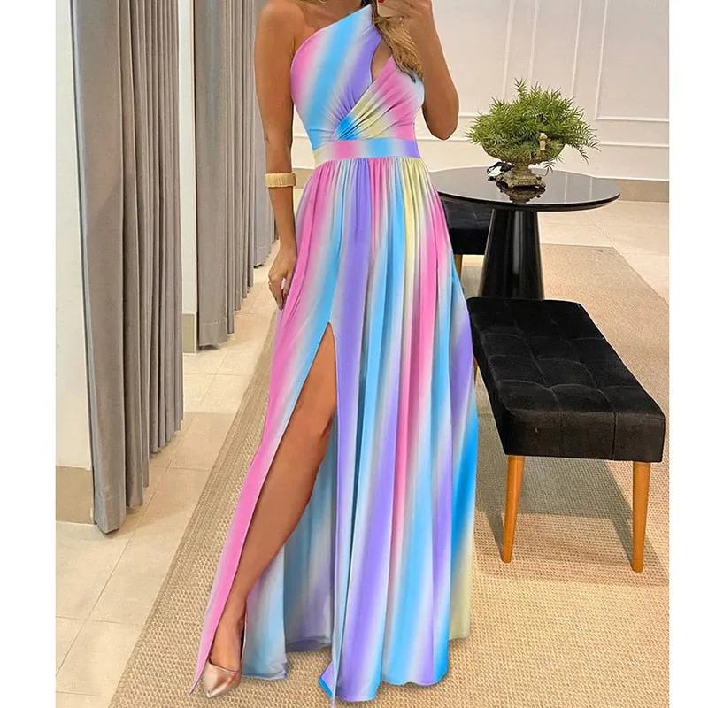 Fashion Print Long Dresses Women Summer Off Shoulder Backless Hollow Out Dress Elegant Chic High Waist Slit Slim Party Dresses