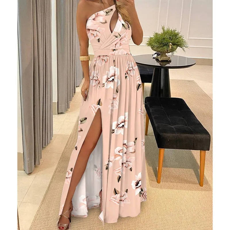 Fashion Print Long Dresses Women Summer Off Shoulder Backless Hollow Out Dress Elegant Chic High Waist Slit Slim Party Dresses