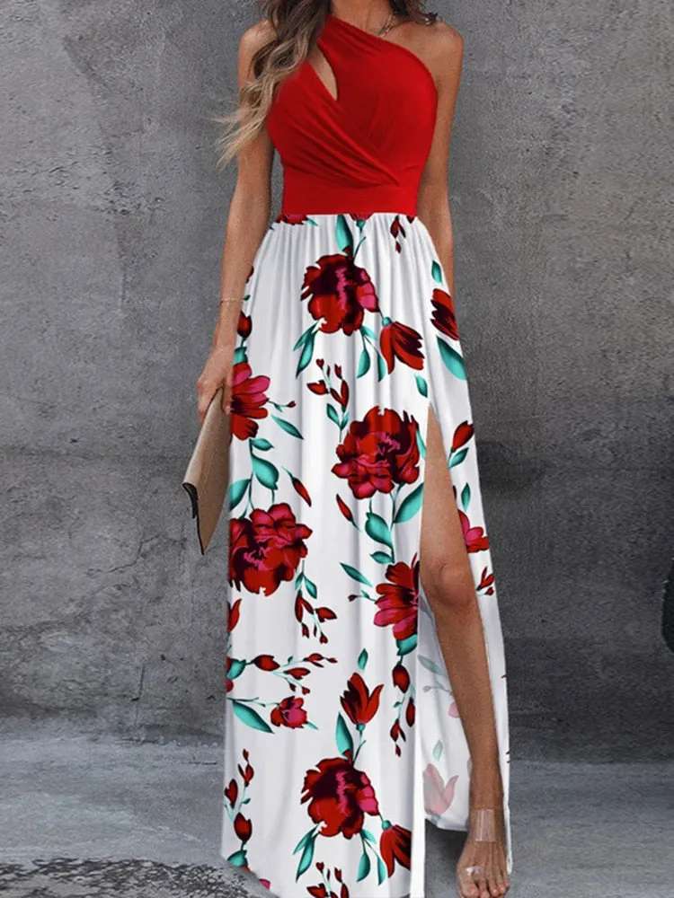 Fashion Print Long Dresses Women Summer Off Shoulder Backless Hollow Out Dress Elegant Chic High Waist Slit Slim Party Dresses