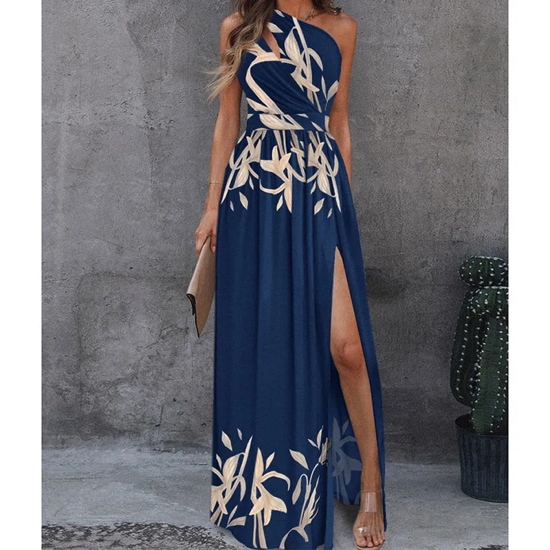 Fashion Print Long Dresses Women Summer Off Shoulder Backless Hollow Out Dress Elegant Chic High Waist Slit Slim Party Dresses