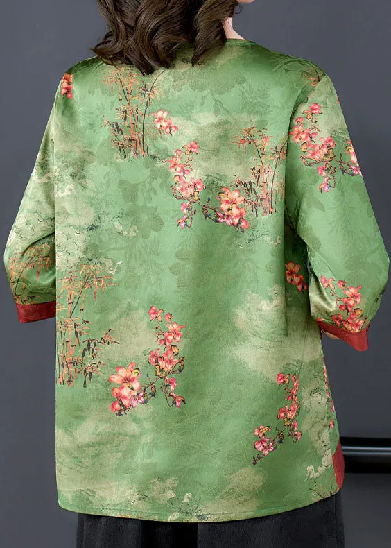 Fine Green Asymmetrical Patchwork Silk Shirts Bracelet Sleeve LY0469