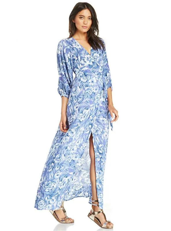 FLORAL PRINTED DRAWSTRING WRAP CHIFFON MAXI DRESS