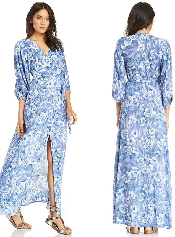 FLORAL PRINTED DRAWSTRING WRAP CHIFFON MAXI DRESS