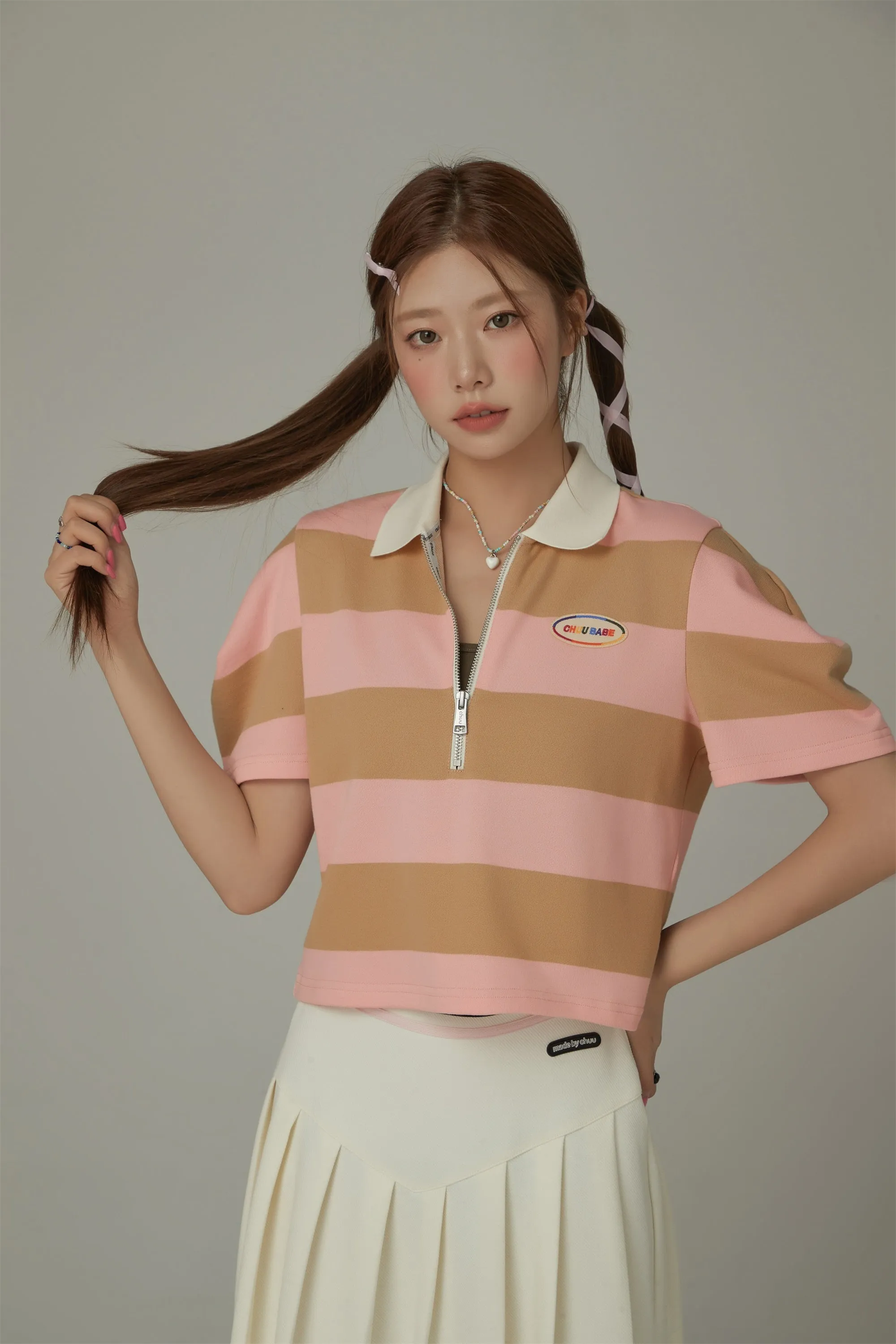 Half Zip-Up Color Stripe Collar Top