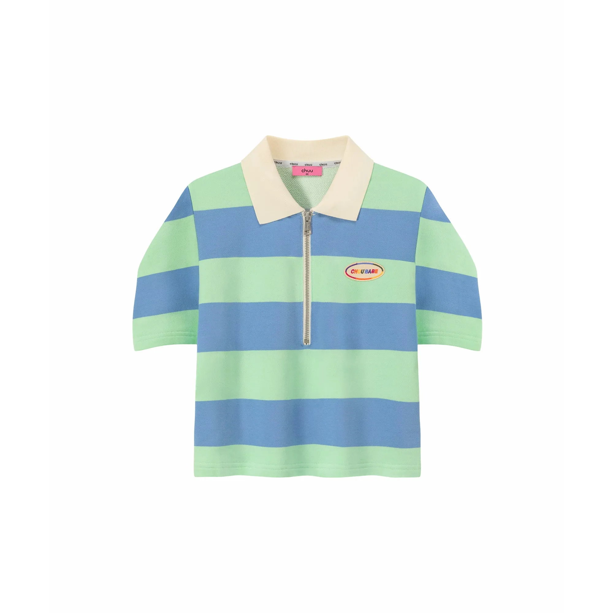 Half Zip-Up Color Stripe Collar Top