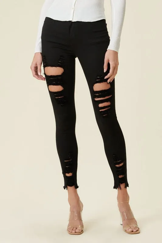 High Rise Distressed Skinny Pants With Raw Hem