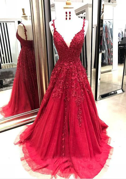 kamahe Red Prom Dresses, A-line/Princess V Neck Sleeveless Sweep Train Tulle Prom Dress With Appliqued