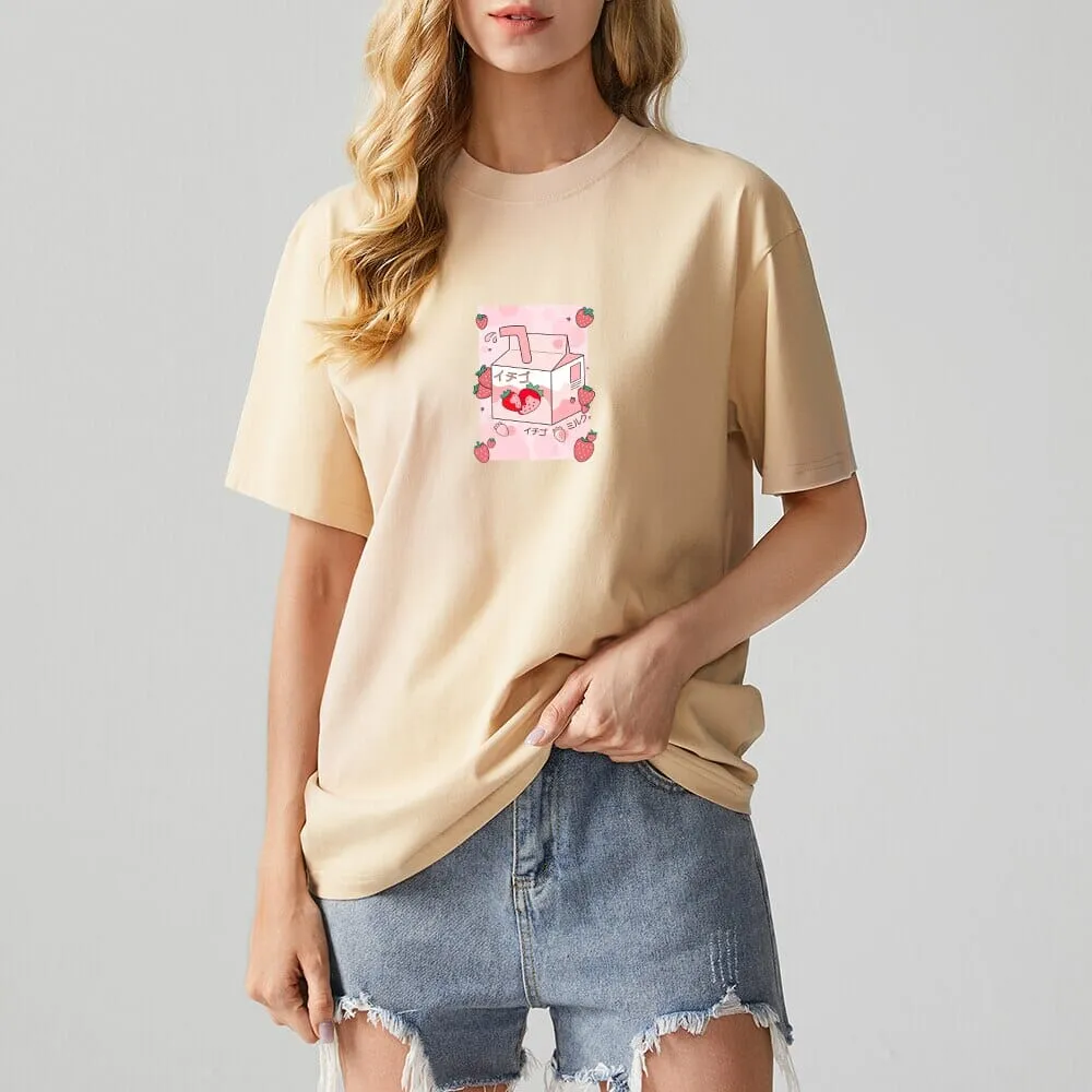 Kawaii Strawbery Milk Box Loose Cotton T-Shirts