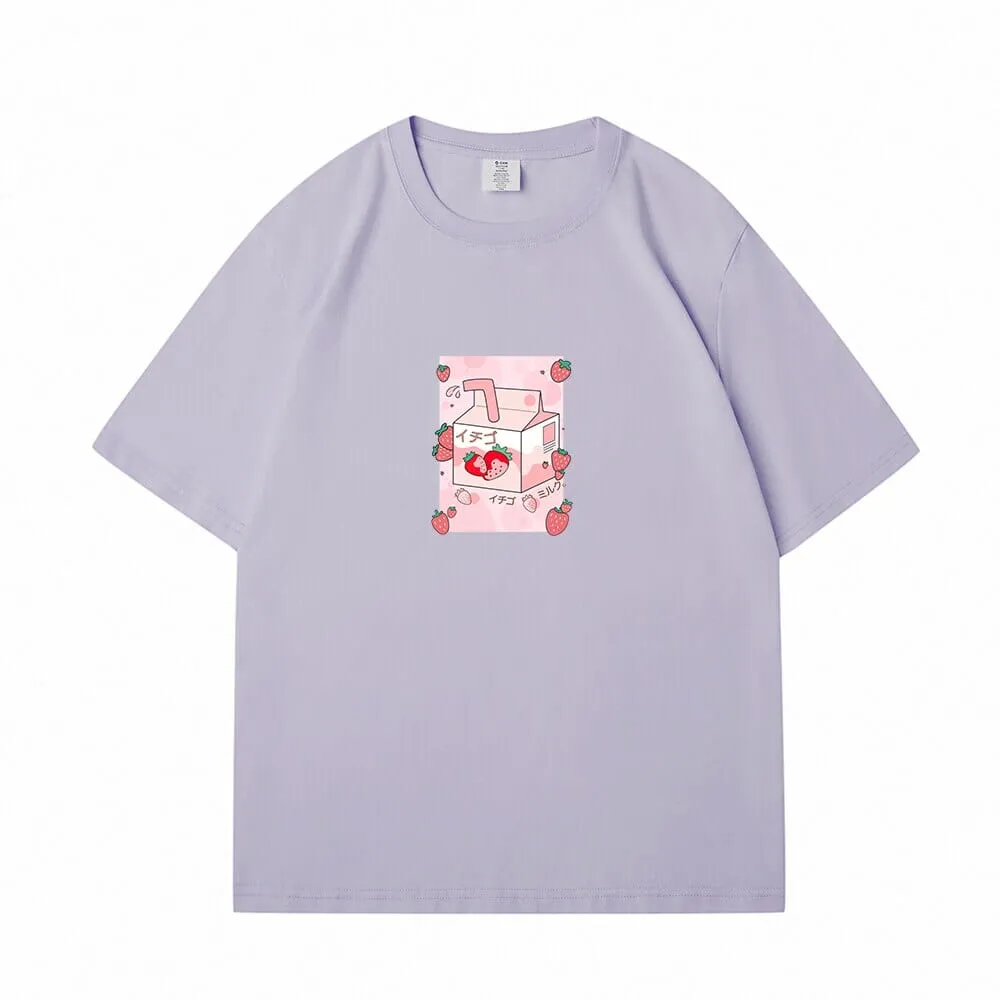 Kawaii Strawbery Milk Box Loose Cotton T-Shirts