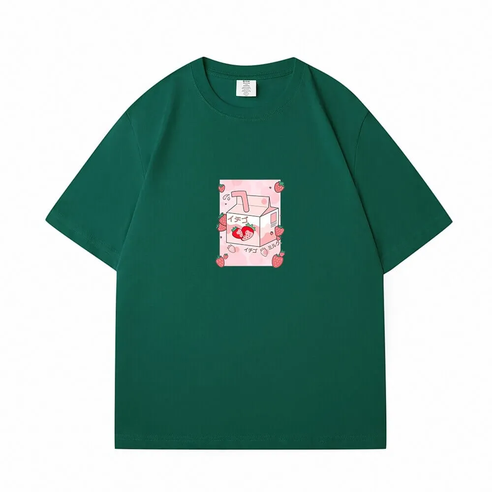 Kawaii Strawbery Milk Box Loose Cotton T-Shirts