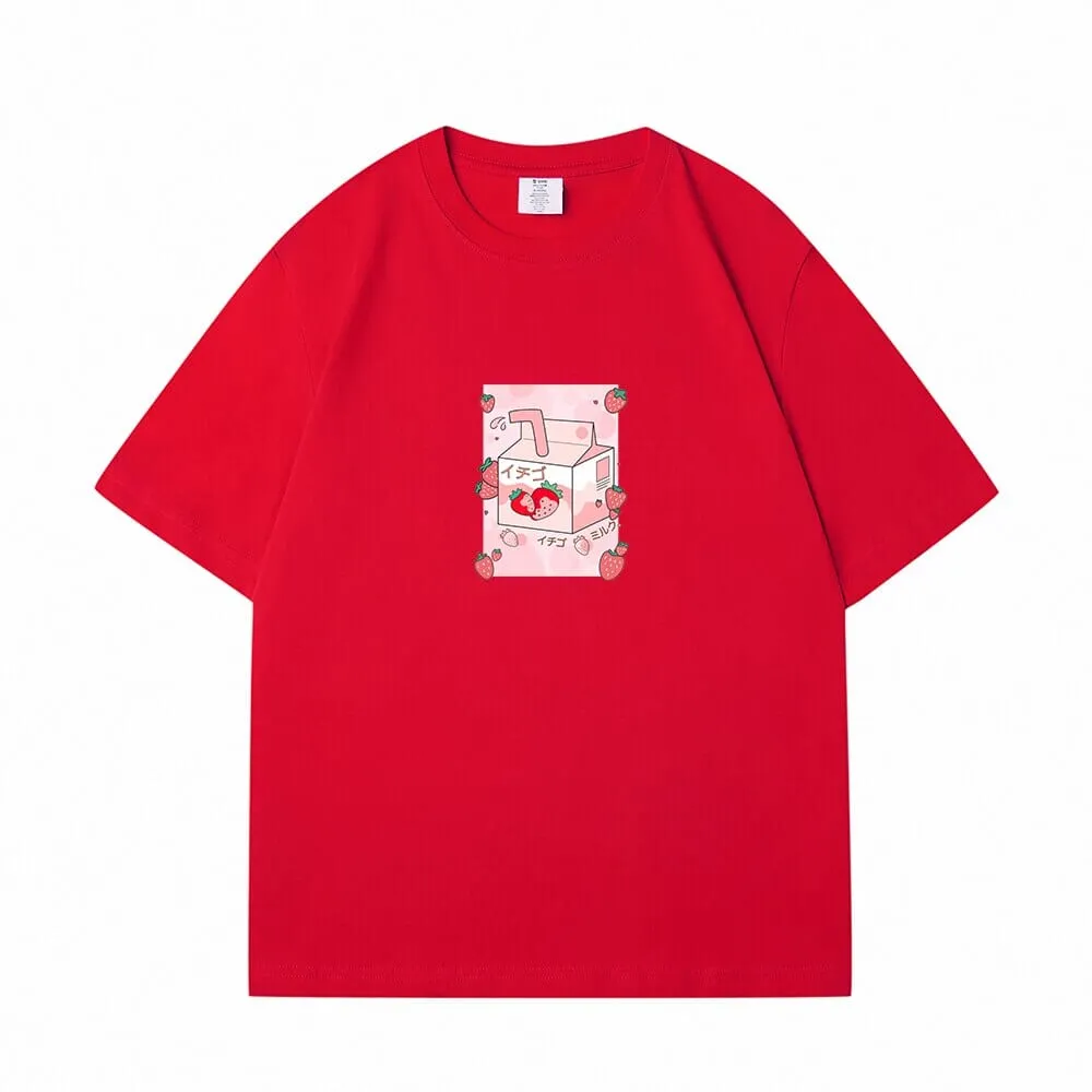 Kawaii Strawbery Milk Box Loose Cotton T-Shirts