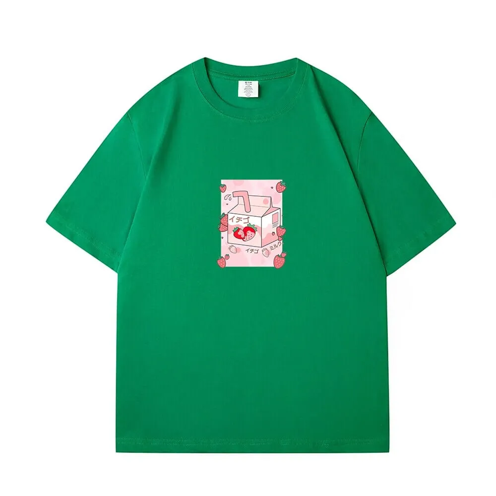 Kawaii Strawbery Milk Box Loose Cotton T-Shirts